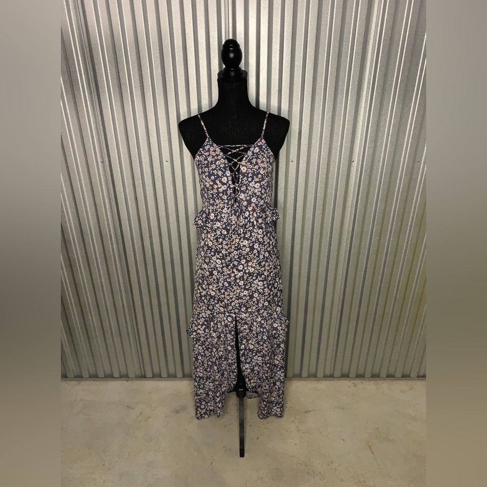 Women’s Gianni Bini Blue Brown White Polyester Floral Lace Maxi Dress Size Small